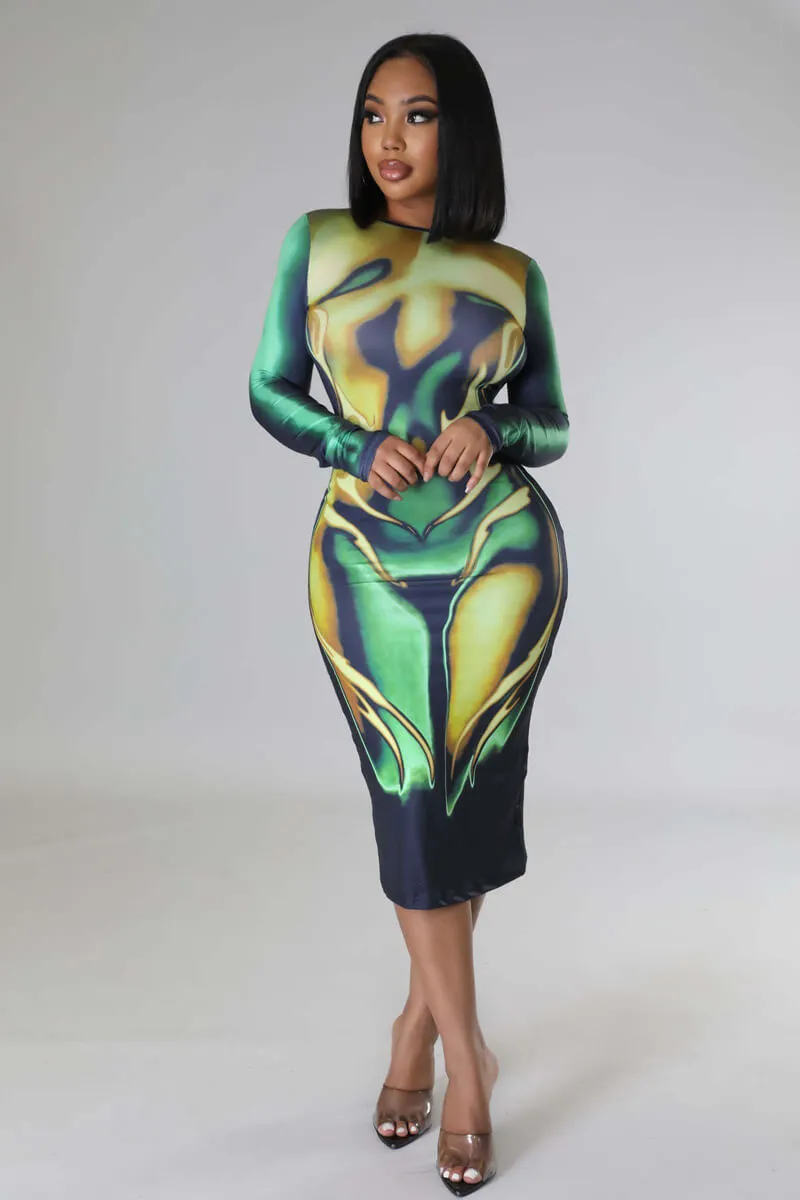 3D Body Print Bodycon Midi Dress Long Sleeve