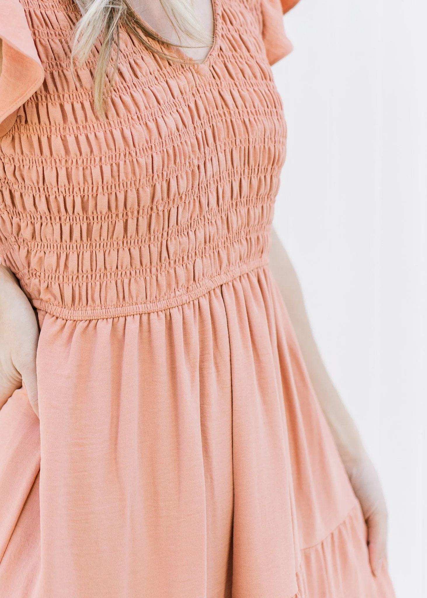 Apricot Smocked Midi Dress