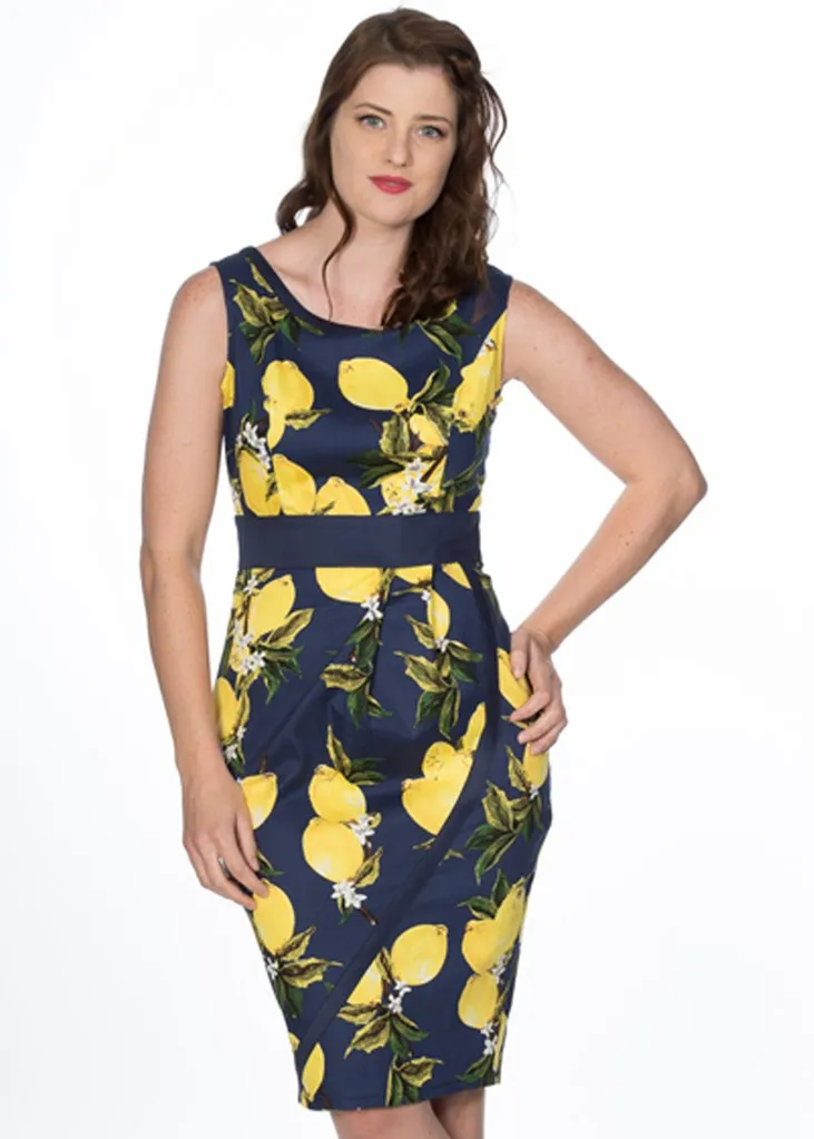 Banned Lemon 50's Pencil Dress Navy