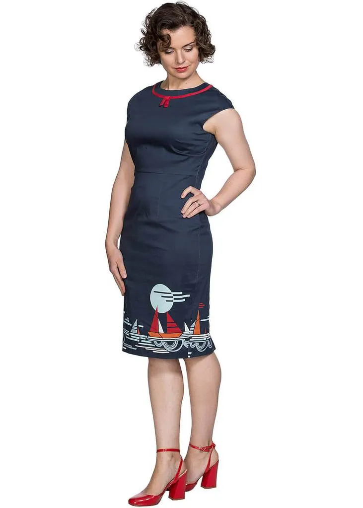 Banned Summer Sail 50's Pencil Dress Navy