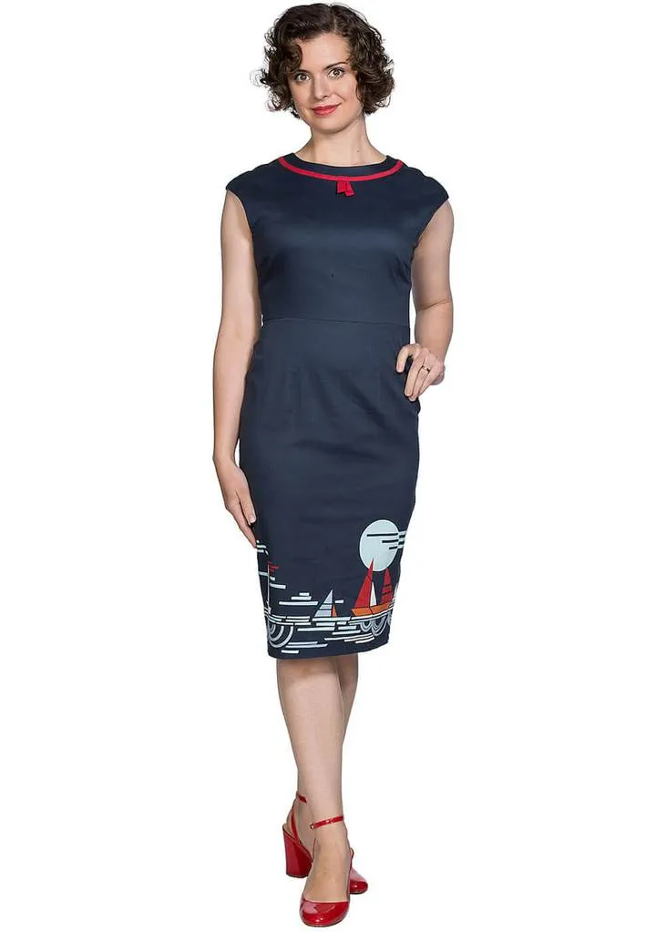 Banned Summer Sail 50's Pencil Dress Navy