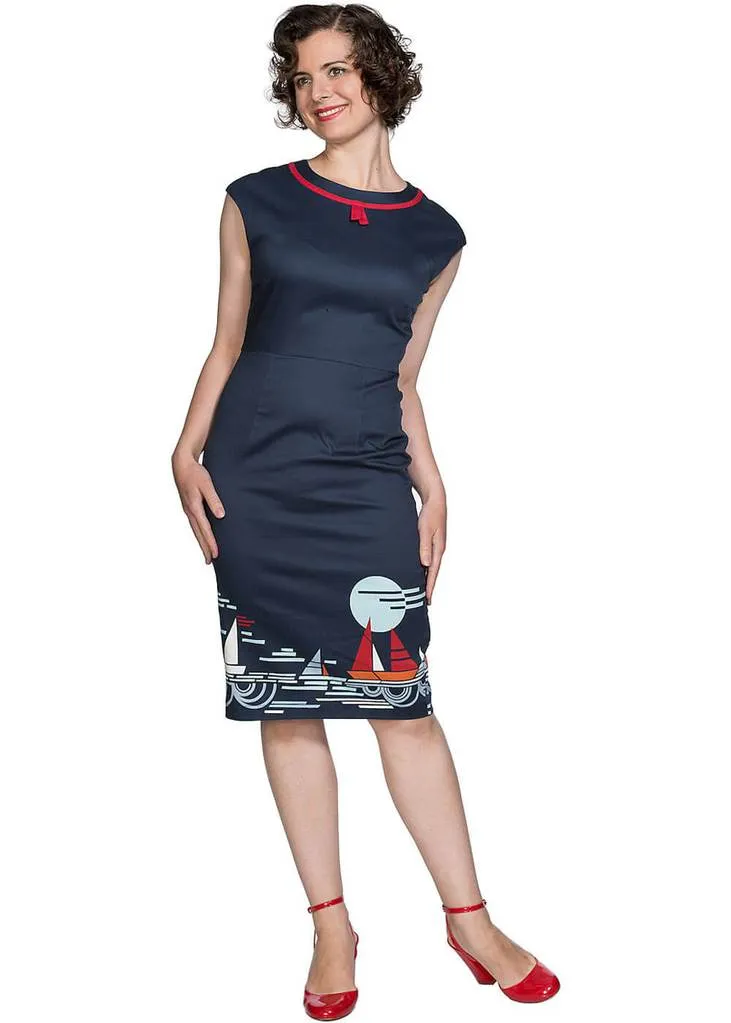 Banned Summer Sail 50's Pencil Dress Navy