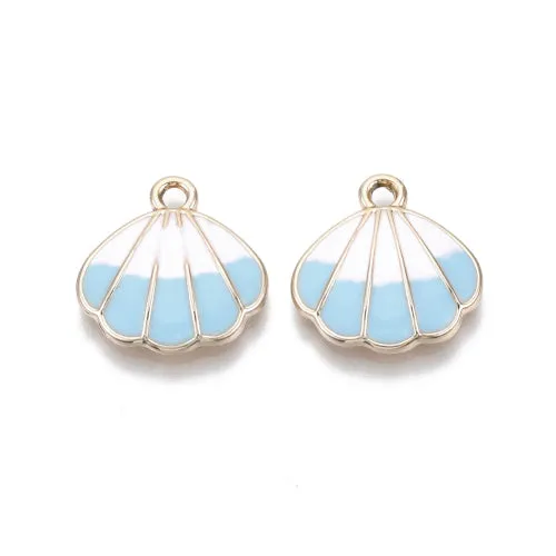 Charms, Shell, Single-Sided, Blue, White, Enamel, Light Gold Plated, Alloy, 18mm