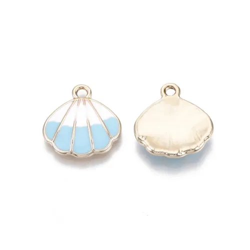 Charms, Shell, Single-Sided, Blue, White, Enamel, Light Gold Plated, Alloy, 18mm