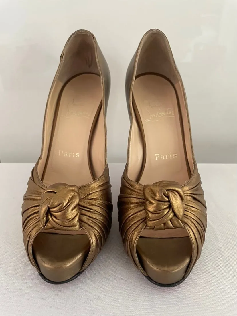 CHRISTIAN  LOUBOUTIN-Bronze Lady Gres 120mm Metallic Leather-Platform Peep Toe Pumps