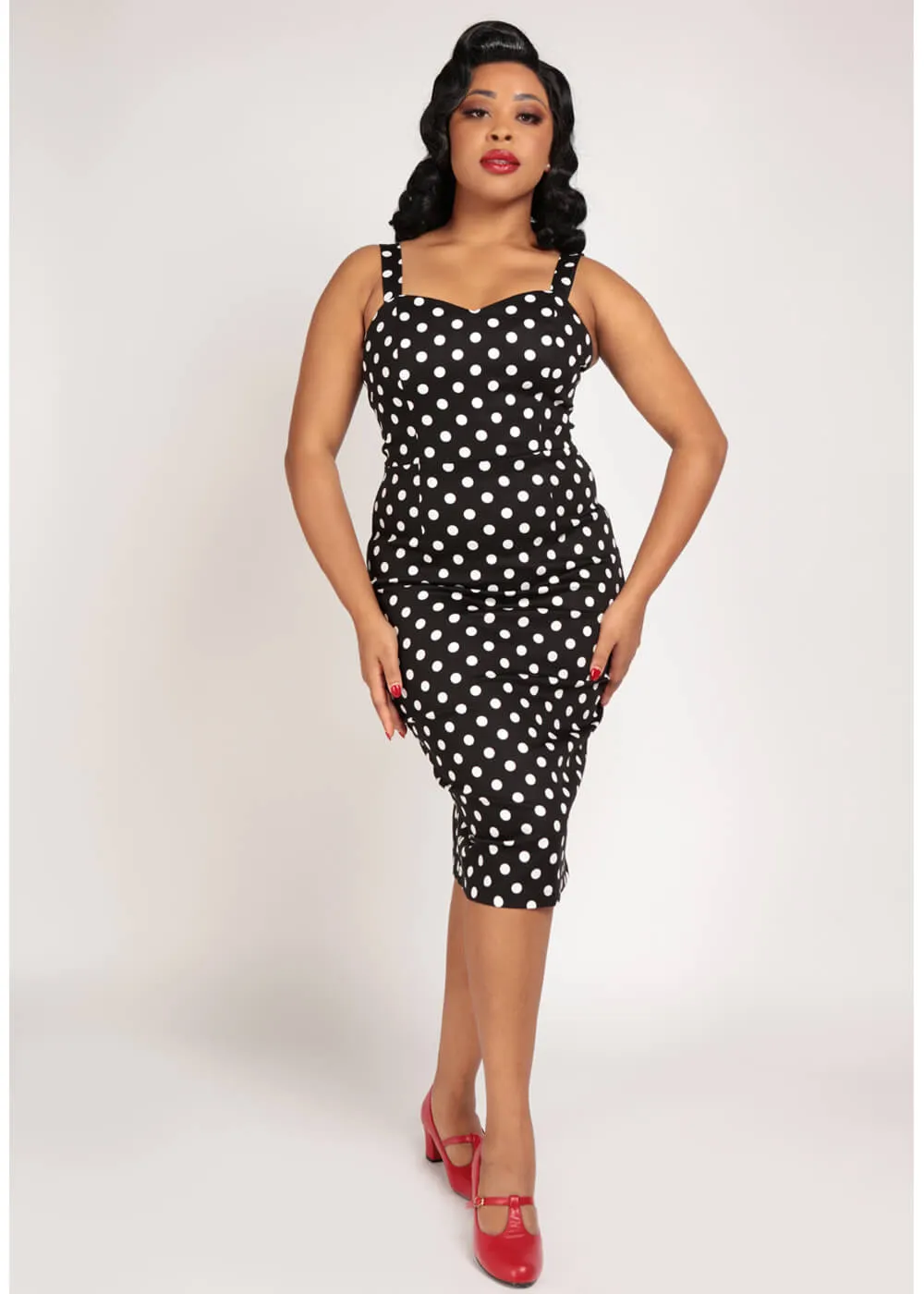 Collectif Lilla Polka 50's Peplum Pencil Dress Black White