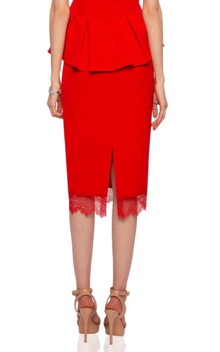 Coral red Lace trim Pencil Skirt