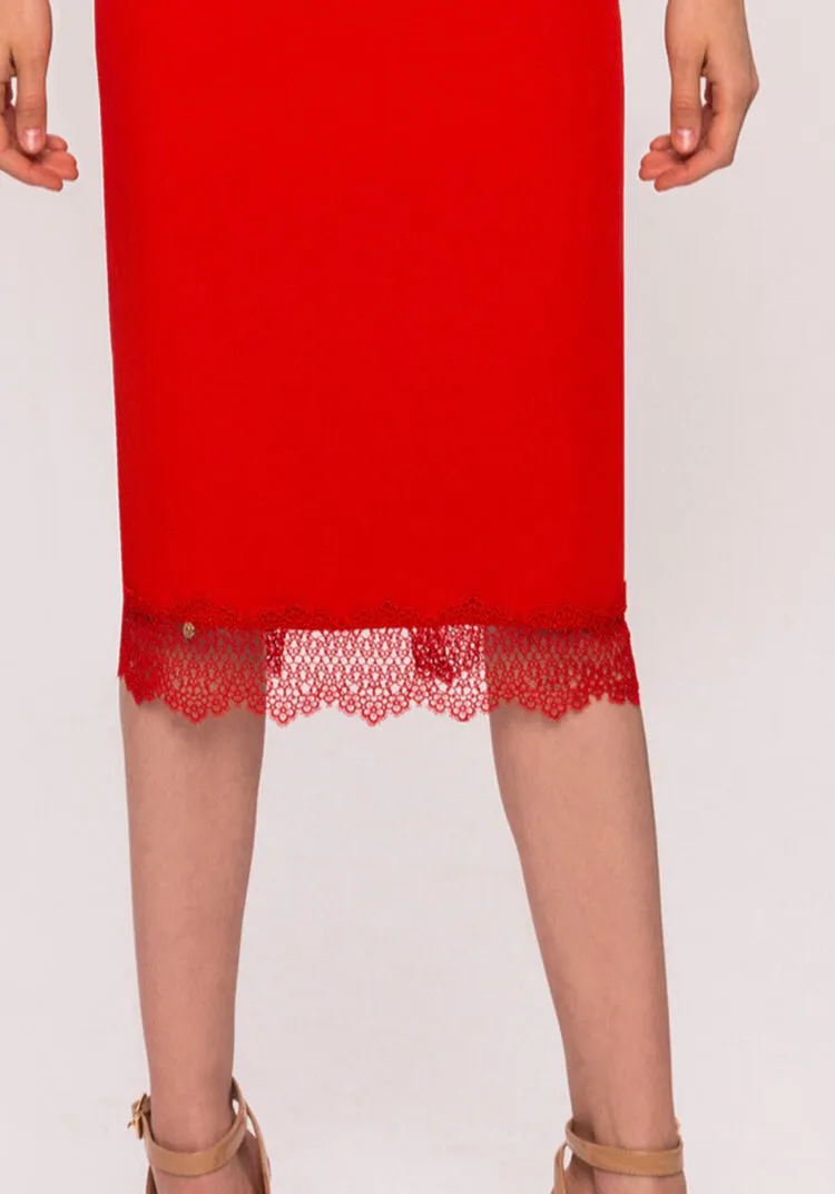 Coral red Lace trim Pencil Skirt