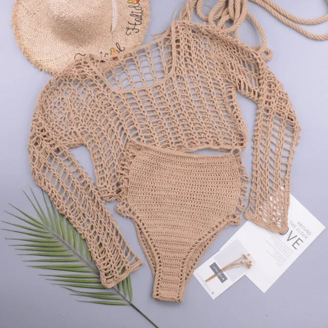 Crochet See-Through Crop Top and High-Waist Bikini Set Beachwear