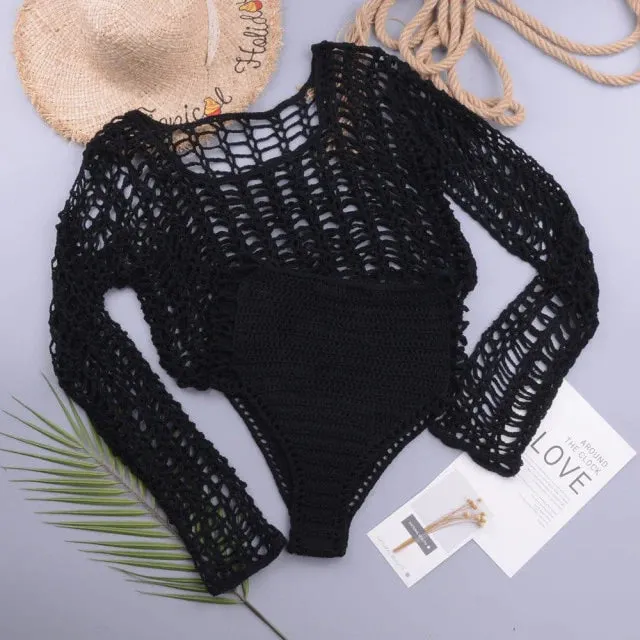 Crochet See-Through Crop Top and High-Waist Bikini Set Beachwear