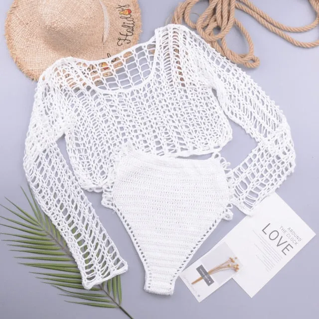 Crochet See-Through Crop Top and High-Waist Bikini Set Beachwear