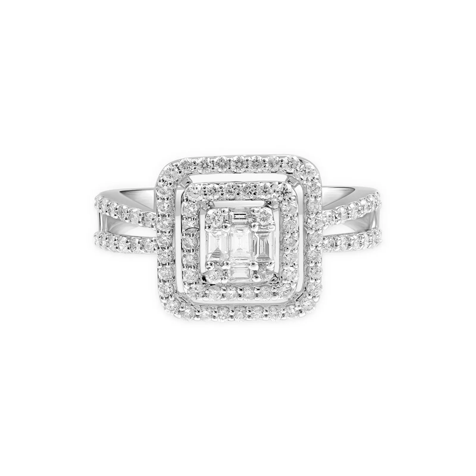 Cushion Cut Diamond Illusion Double Halo Double Band in Solid 18k White Gold