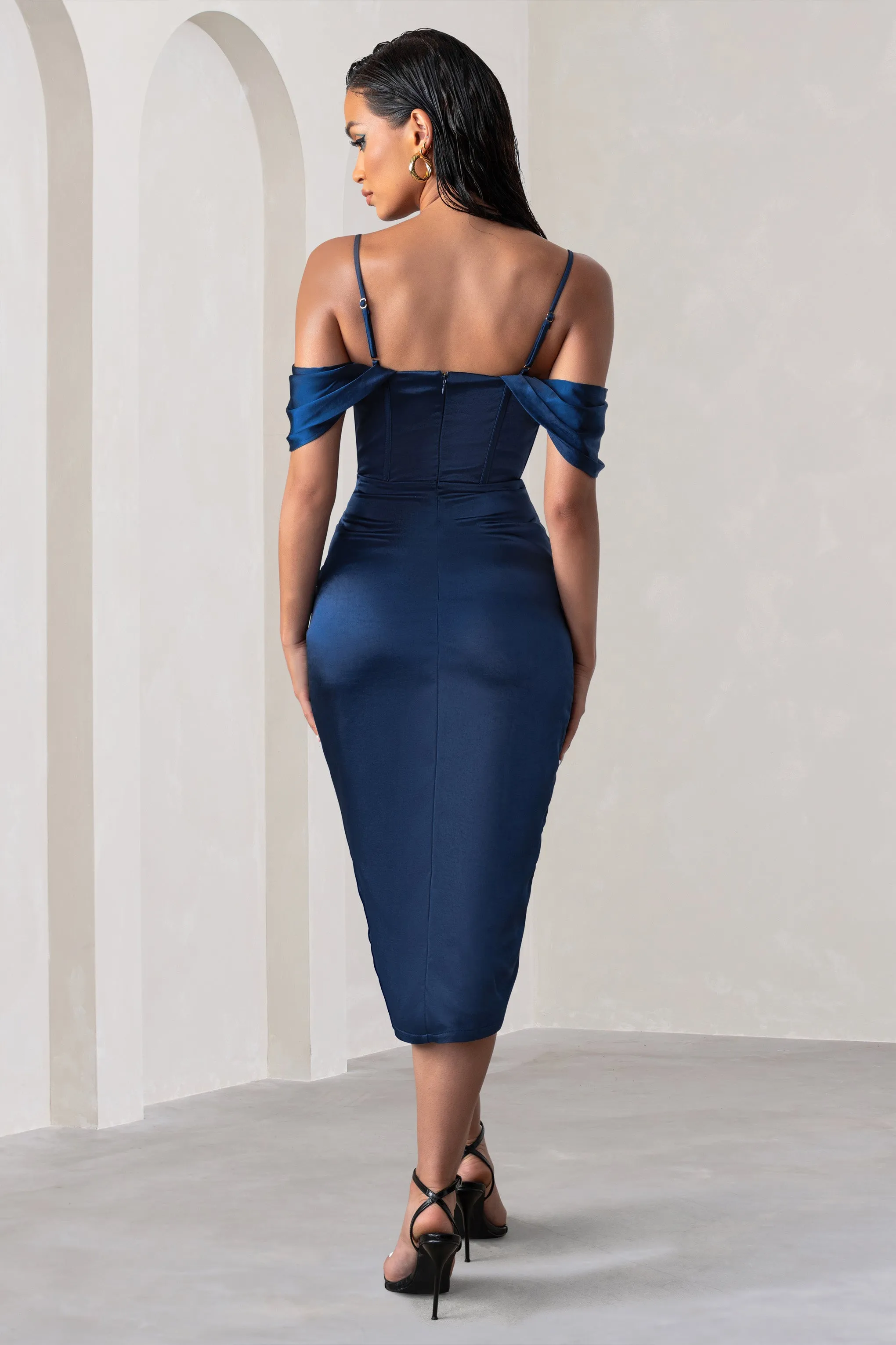 Deserving | Navy Satin Bardot Sleeve Corset Wrap Midi Dress