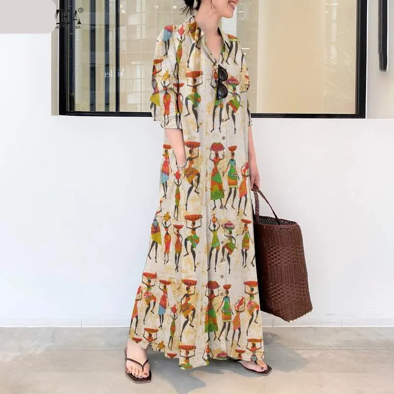 Elegant Printed Shirt Dress Women's Autumn Sundress