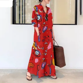 Elegant Printed Shirt Dress Women's Autumn Sundress