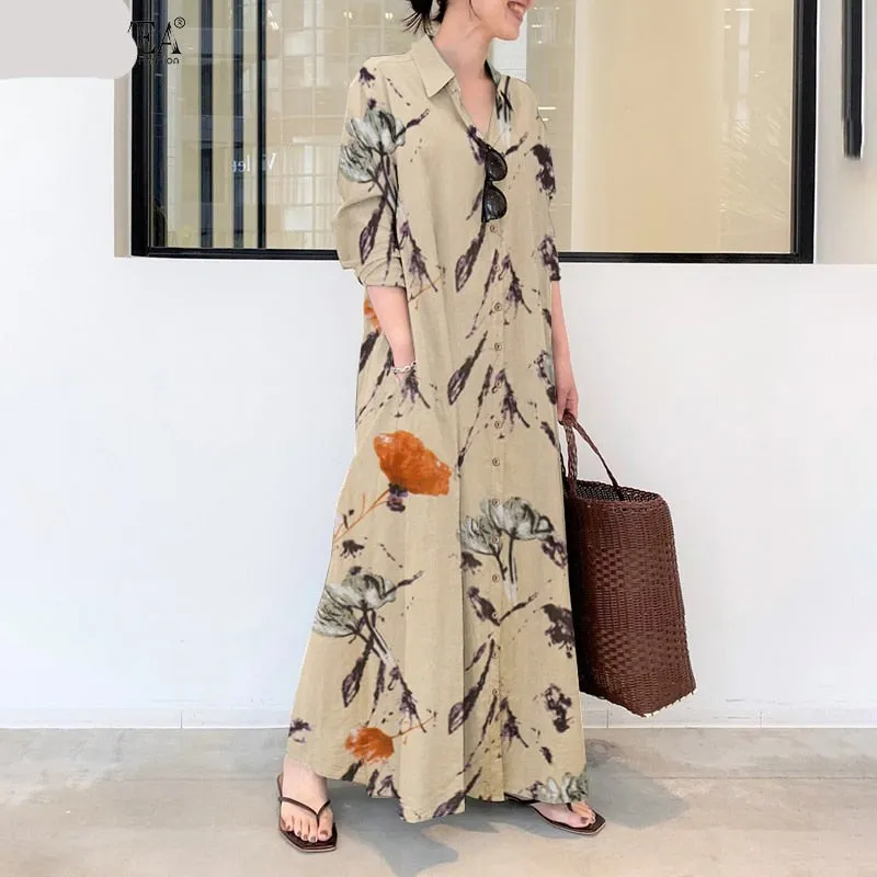 Elegant Printed Shirt Dress Women's Autumn Sundress