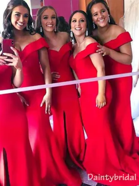 Elegant Red Off the Shoulder Mermaid Satin Long Bridesmaid Dress, BG234