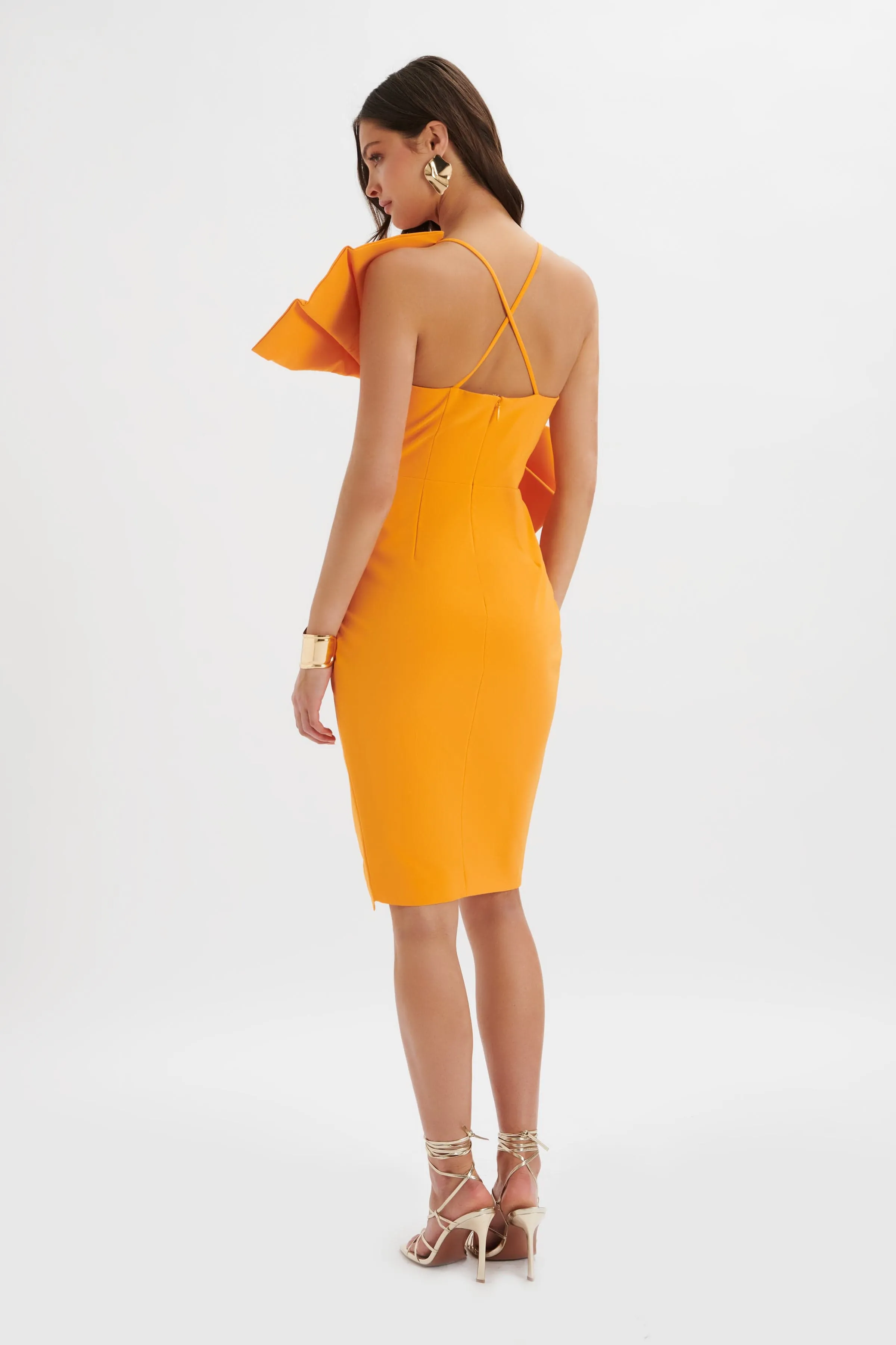 ESTHER Bow Detail Wrap Skirt Midi Dress In Orange