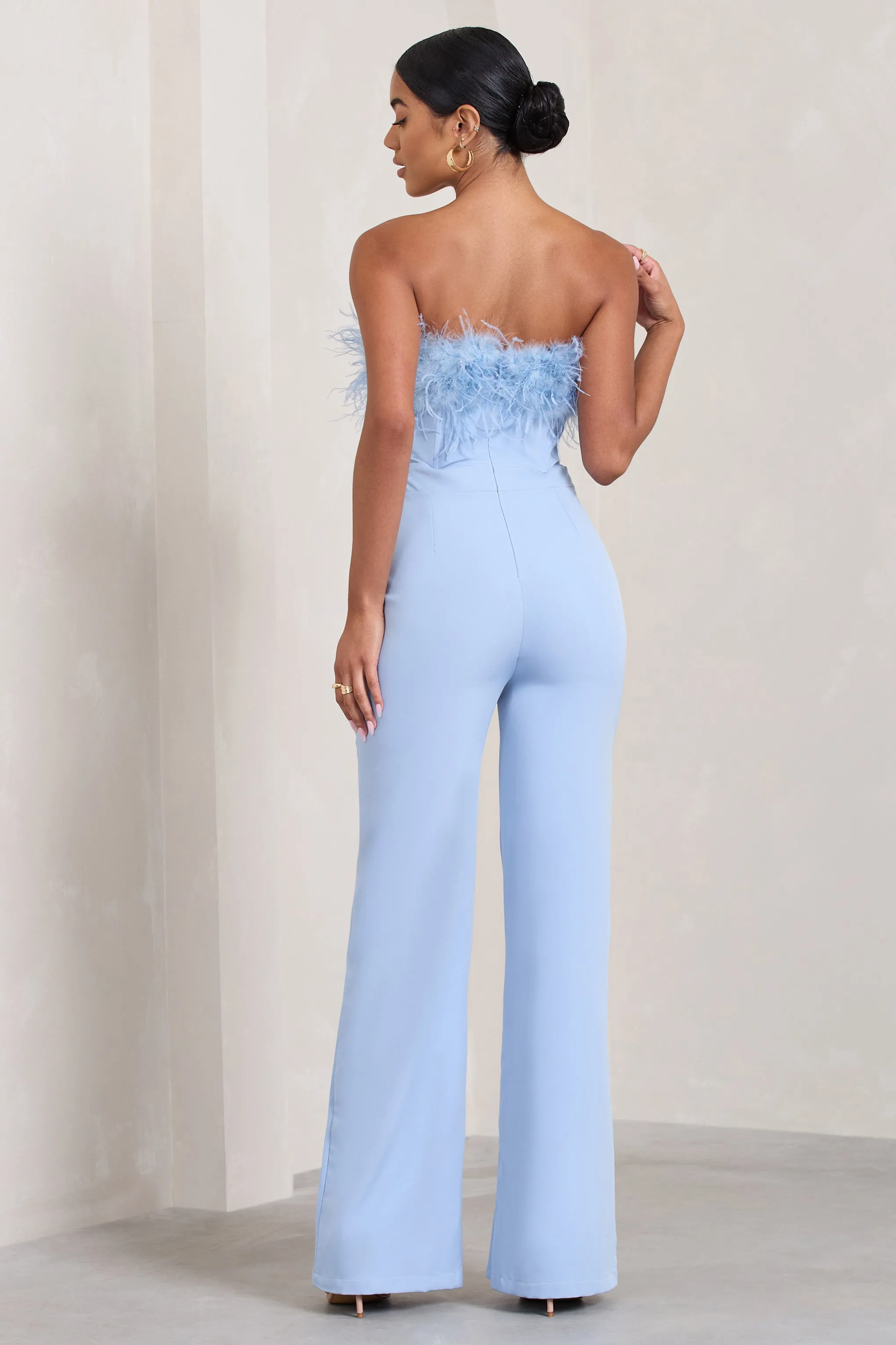 First Class | Blue Bandeau Feather Wide Leg jumpsuit