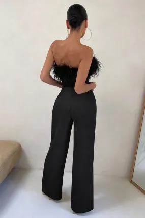 First Class | Petite Black Bandeau Feather Wide Leg jumpsuit