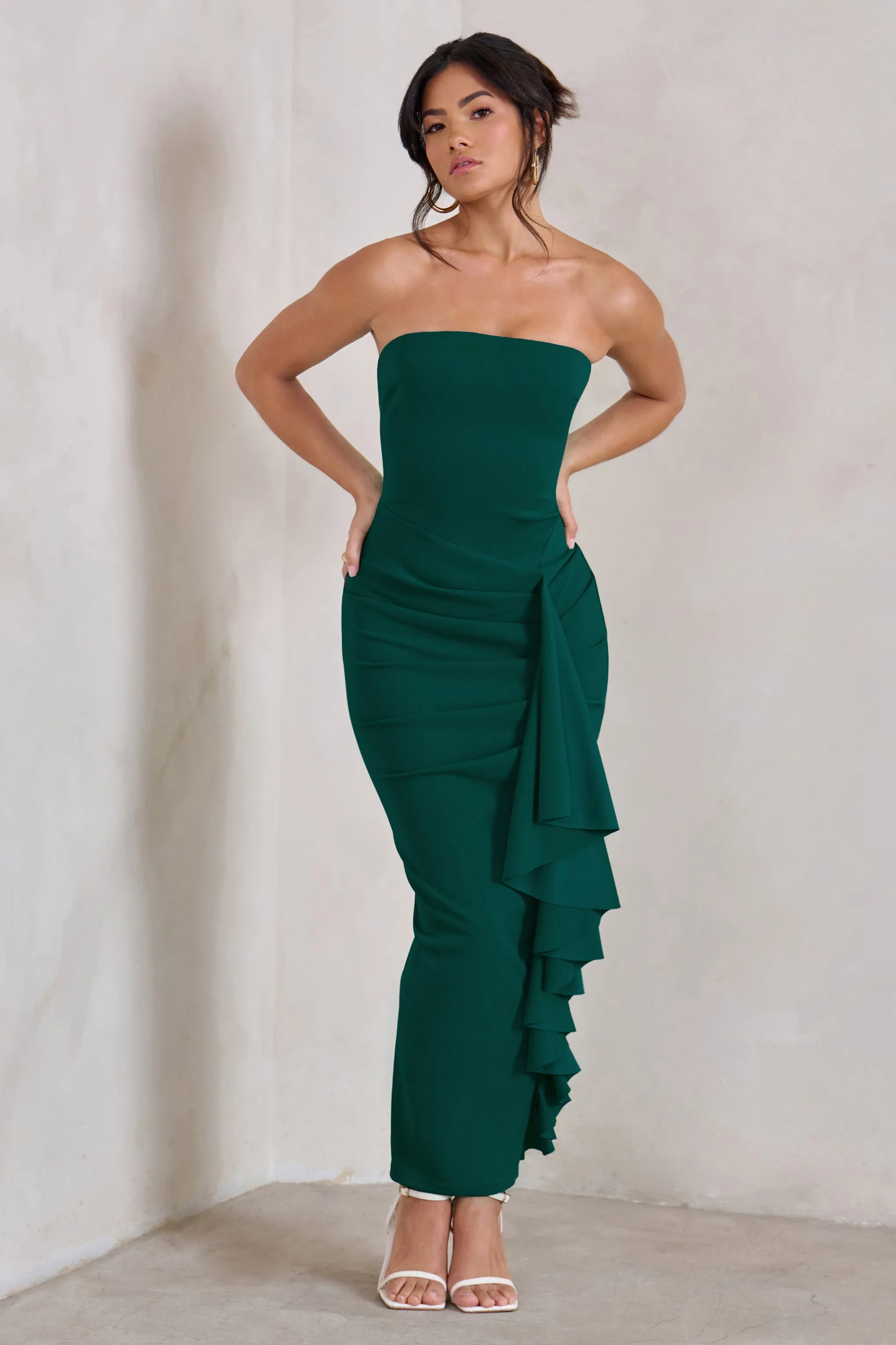 Fleur | Bottle Green Bandeau Ruffle Maxi Dress