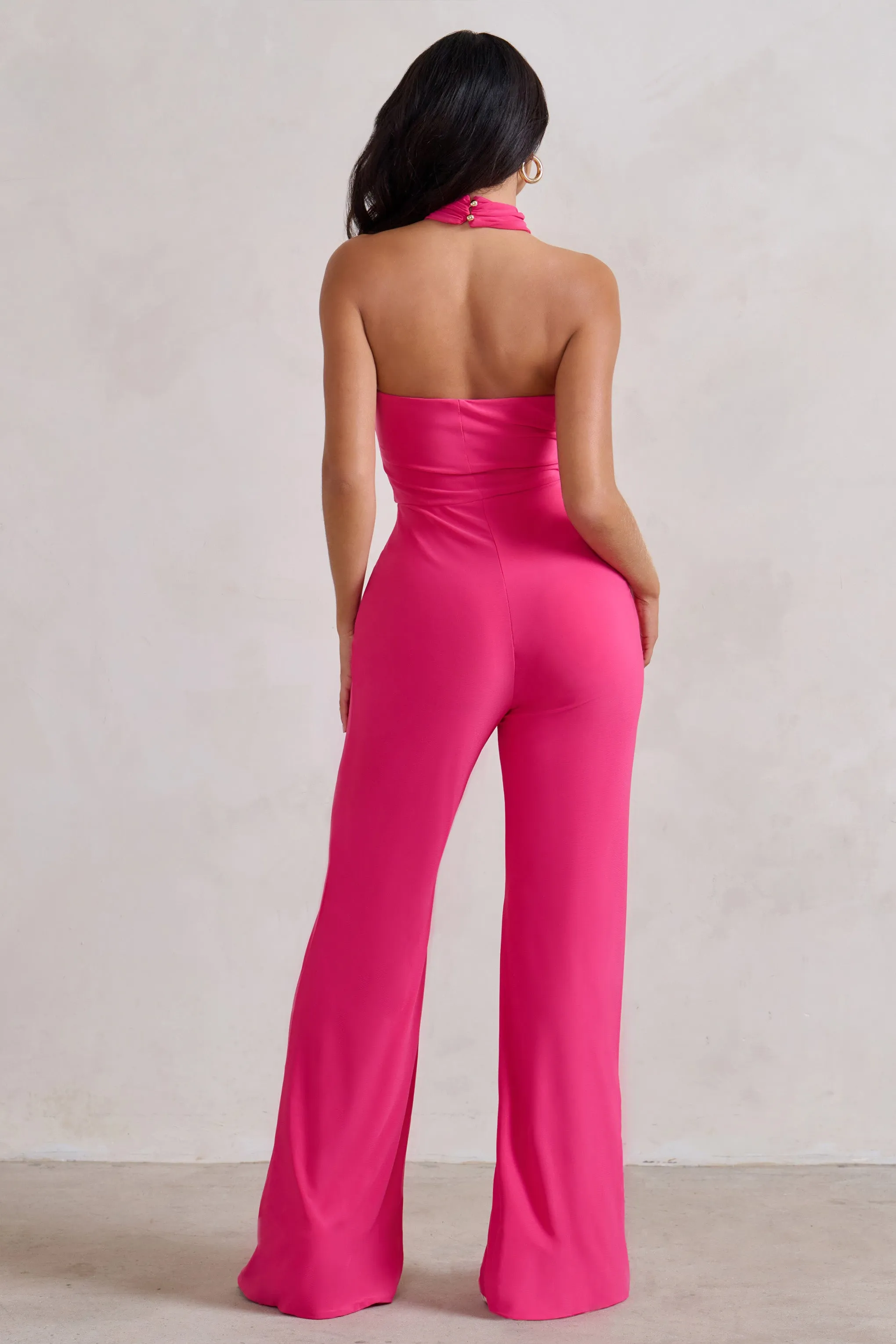 Goddess | Hot Pink Halter Neck Flare Jumpsuit