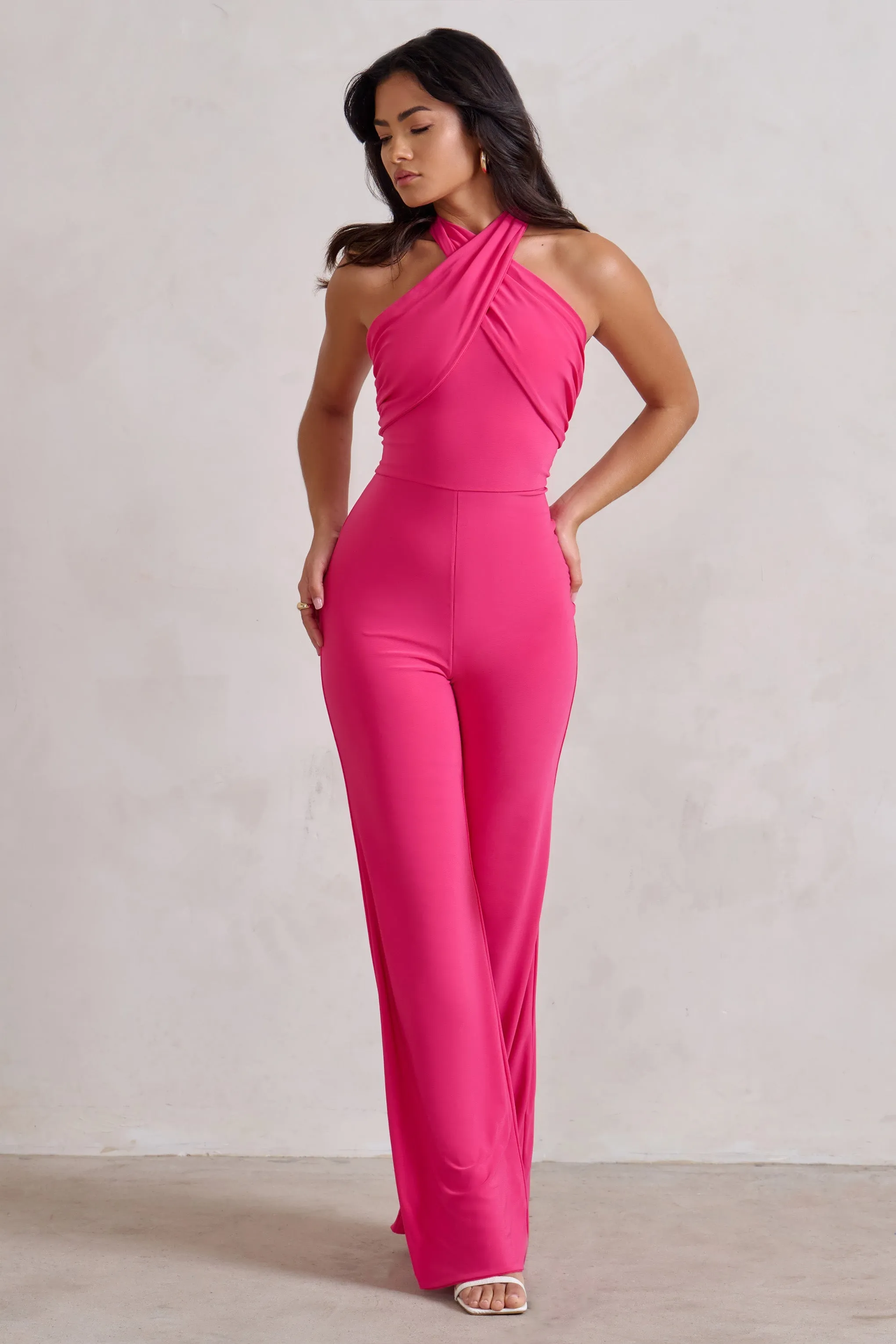 Goddess | Hot Pink Halter Neck Flare Jumpsuit