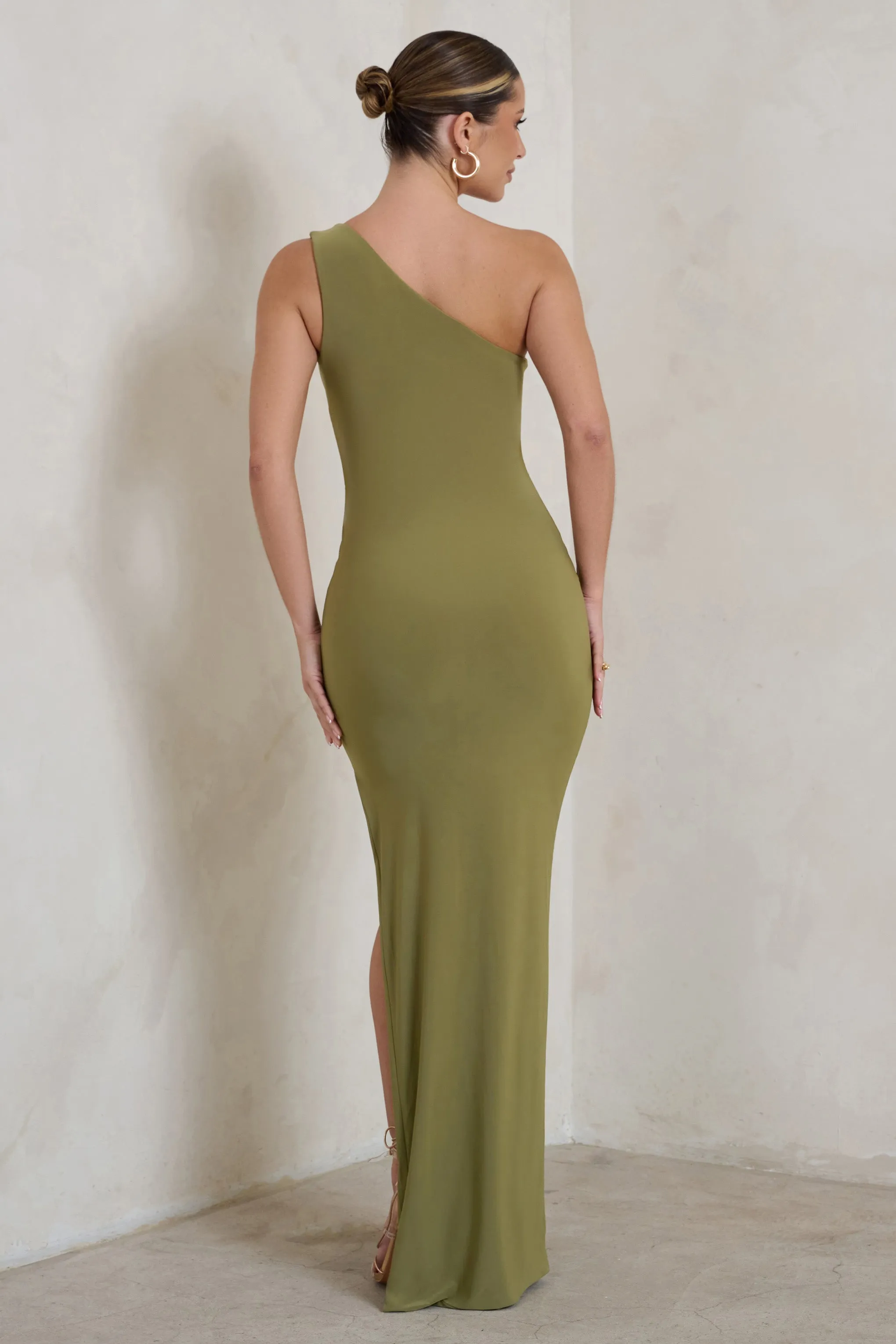 Kary | Olive Green One Shoulder Thigh Split Maxi Dress