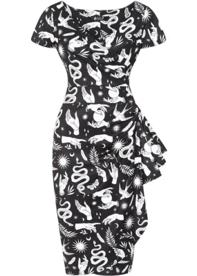 Lady V Elsie Celestial Tattoo 50's Pencil Dress Black