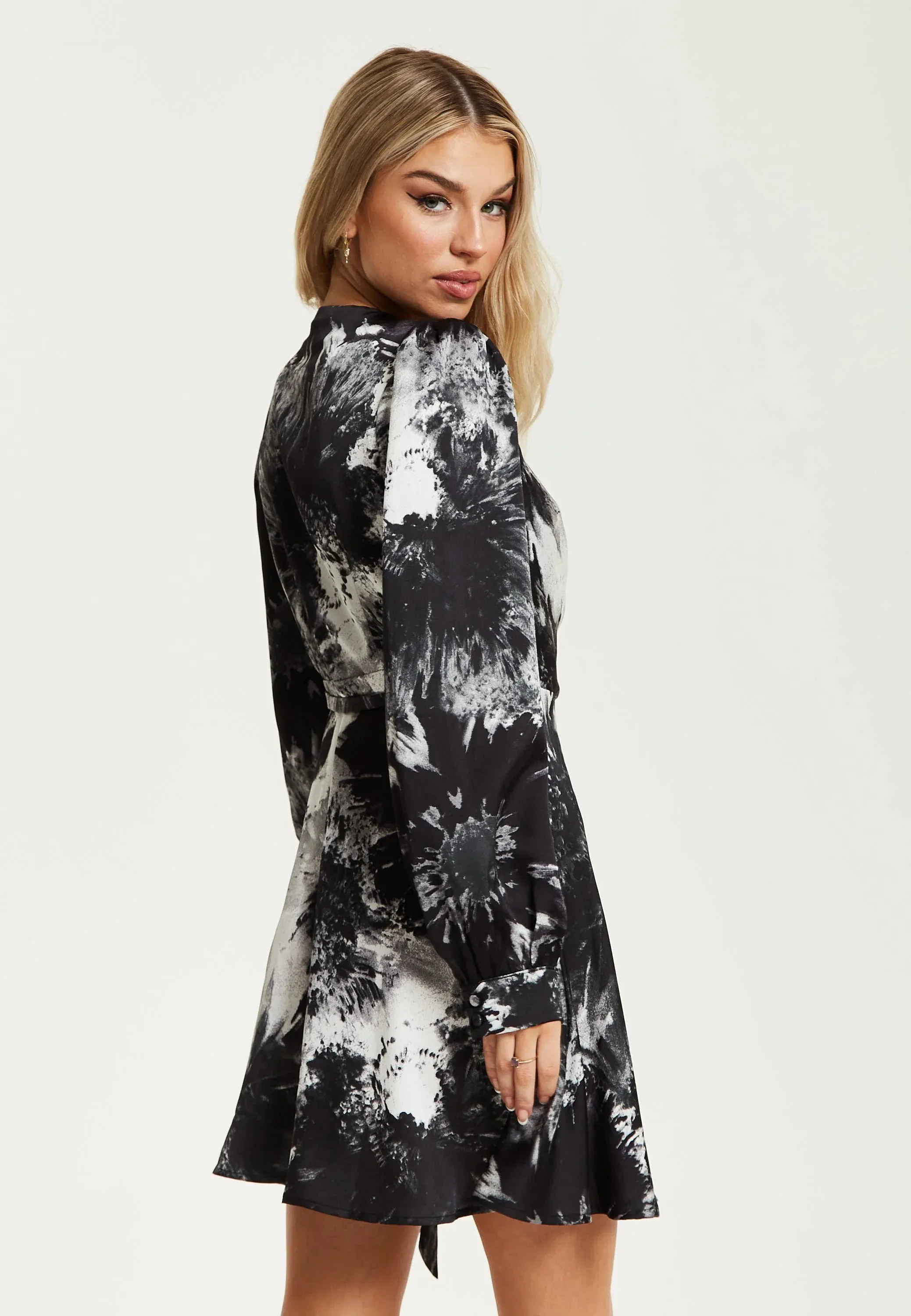 Liquorish Mono Abstract Print Mini Wrap Dress