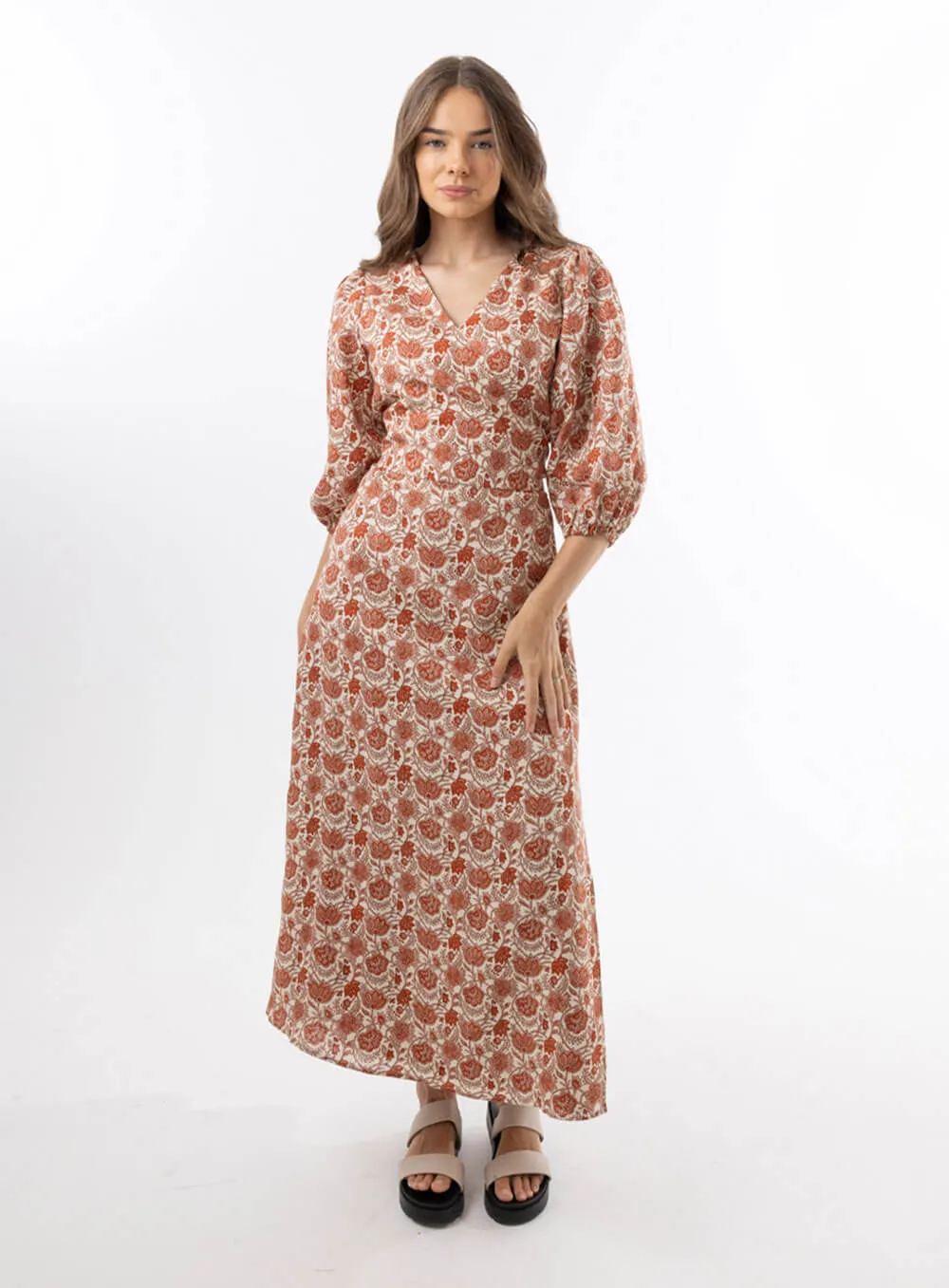 Lydia Linen Wrap Dress-Paisley Red