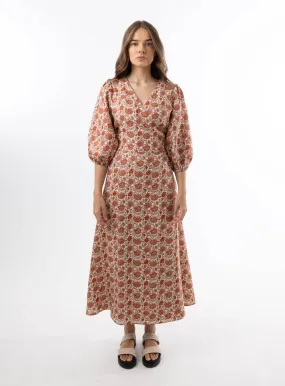 Lydia Linen Wrap Dress-Paisley Red