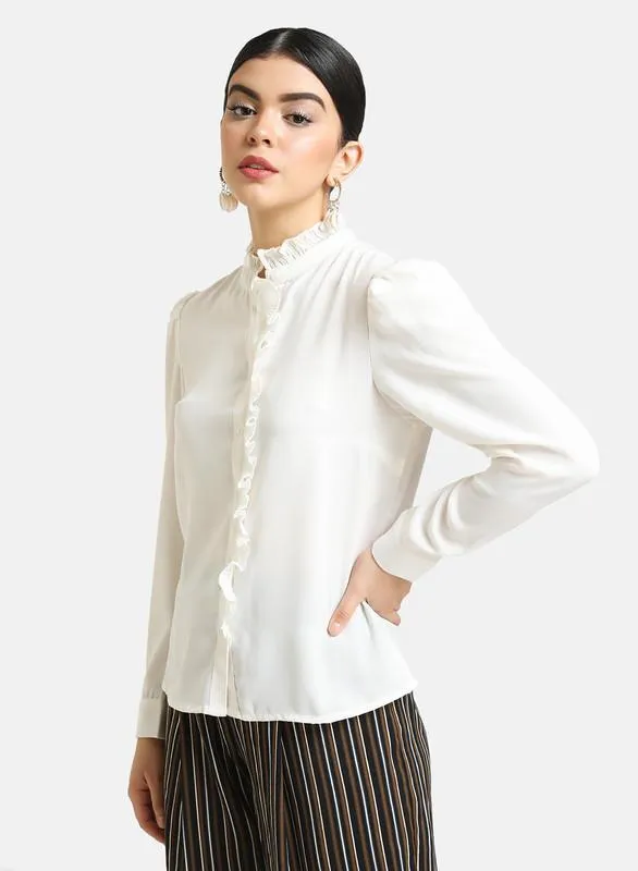 Mandarian Collar Shirt With Ruffle Detail