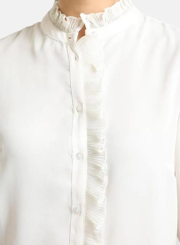 Mandarian Collar Shirt With Ruffle Detail