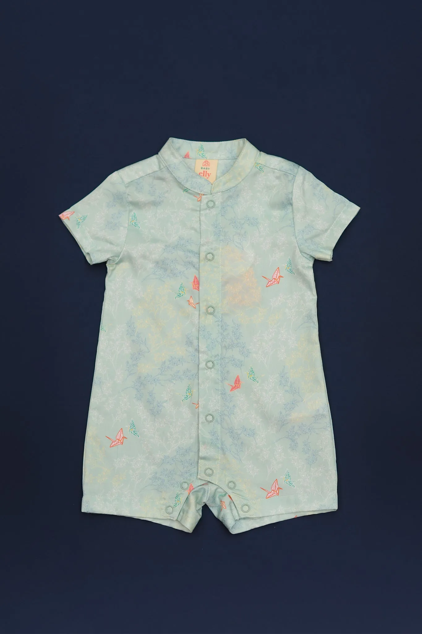 Mandarin-collared Romper - Teal Cranes