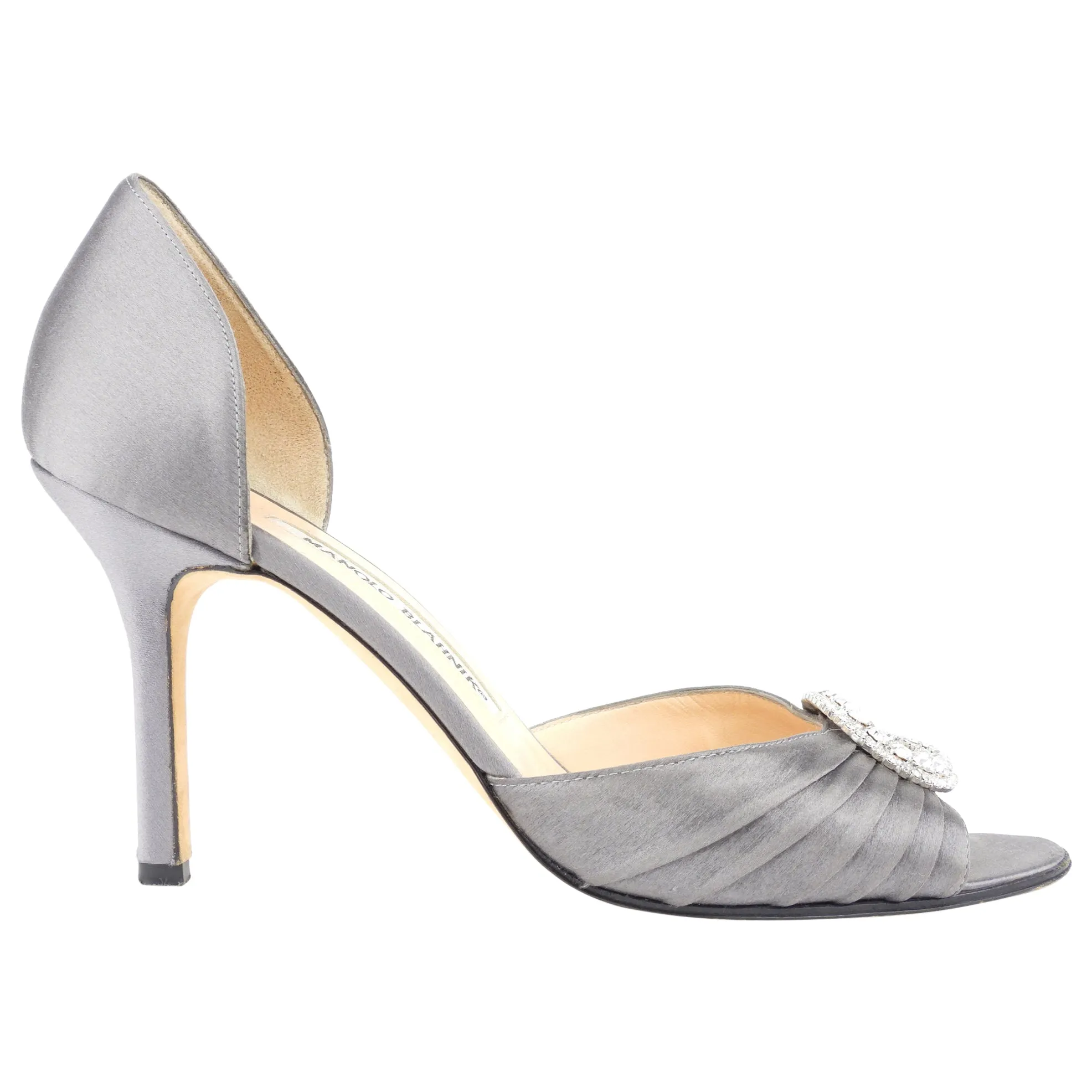 Manolo Blahnik Grey Satin Sedaraby Crystal Embellished Peep Toe D'orsay Pumps - 38 IT