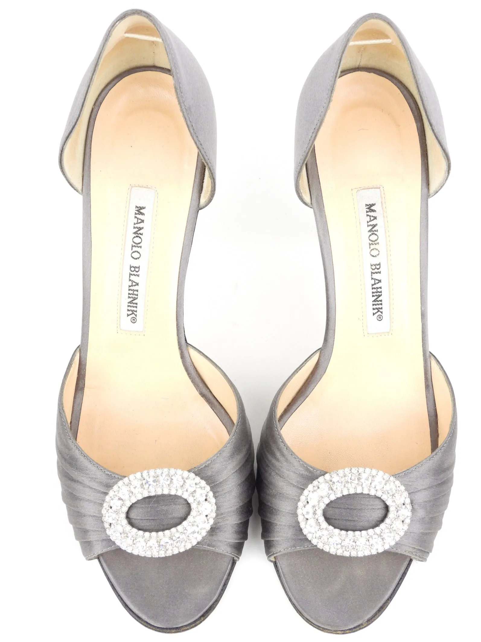 Manolo Blahnik Grey Satin Sedaraby Crystal Embellished Peep Toe D'orsay Pumps - 38 IT