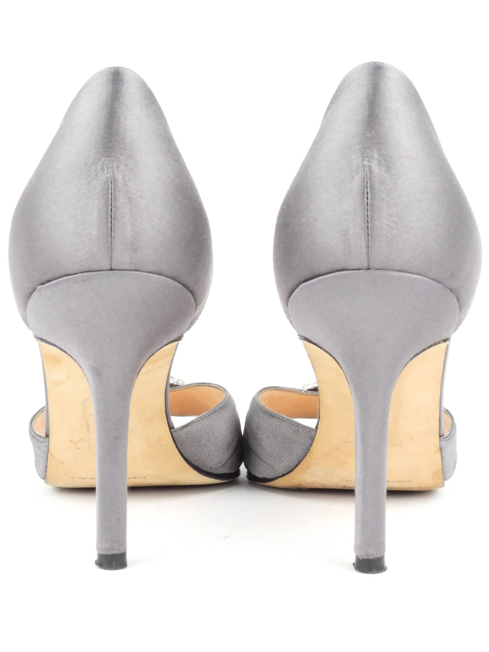 Manolo Blahnik Grey Satin Sedaraby Crystal Embellished Peep Toe D'orsay Pumps - 38 IT