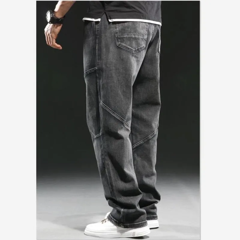 Men's Denim Hip-Hop Style Solid Straight Loose Fit Patchwork Jeans