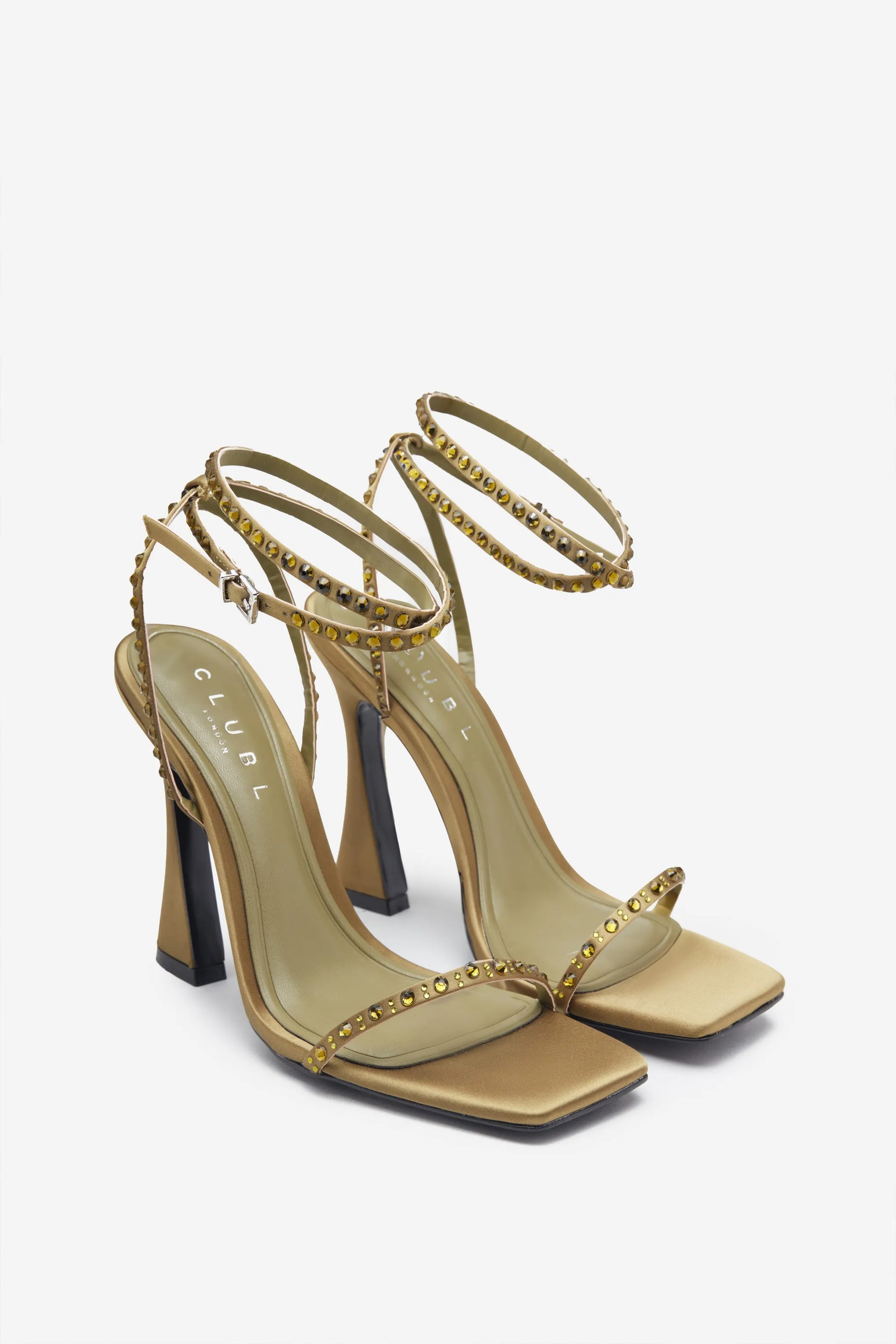 Nostalgia | Olive Green Satin Heeled Sandals With Diamante Straps