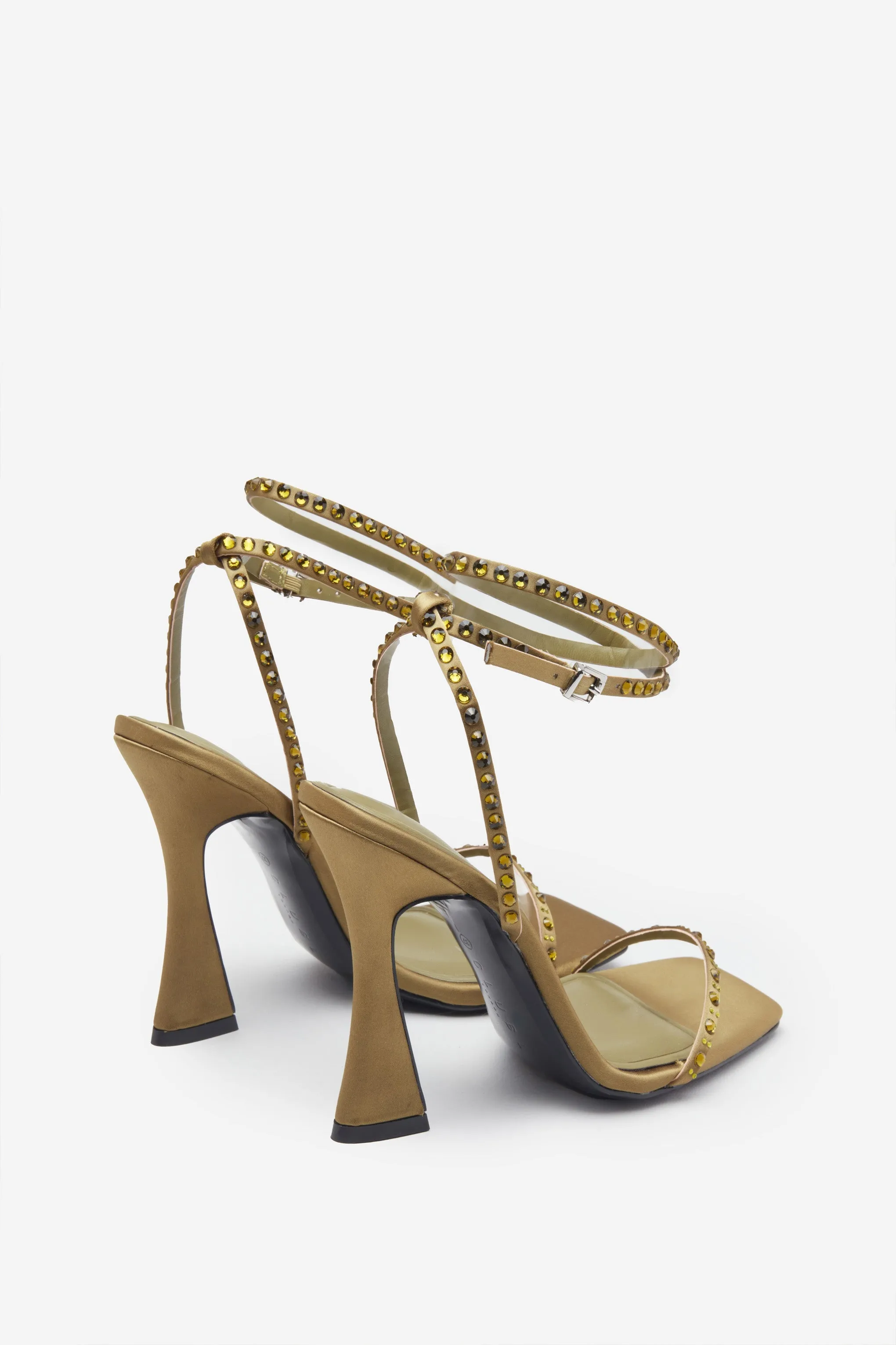 Nostalgia | Olive Green Satin Heeled Sandals With Diamante Straps