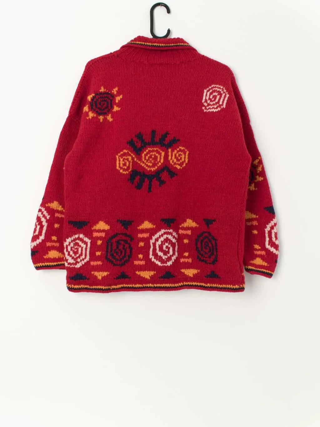 Pachamama red handmade knitted cardigan with abstract designs – Large