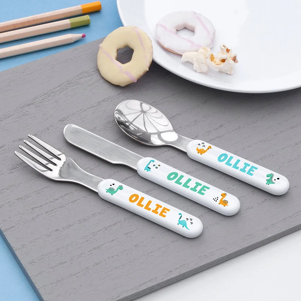 Personalised Kids Cute Dinosaur Cutlery Set - Metal