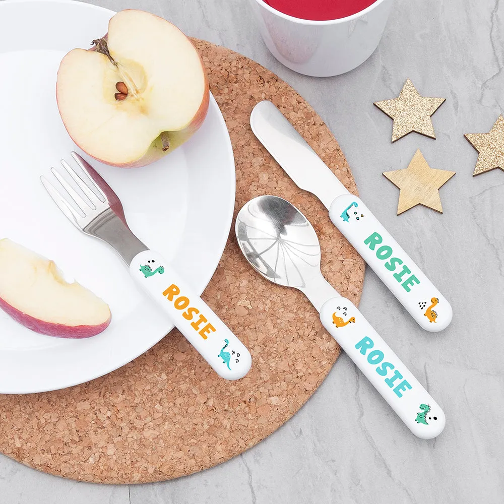 Personalised Kids Cute Dinosaur Cutlery Set - Metal