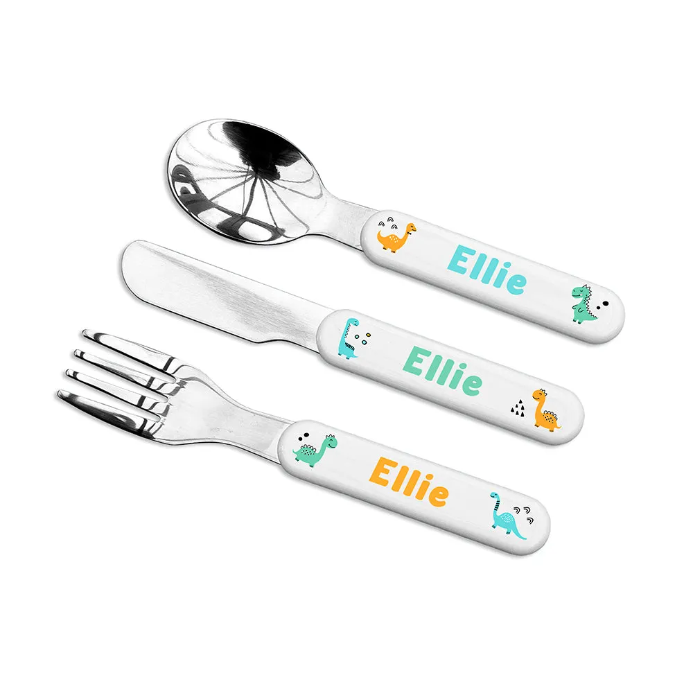 Personalised Kids Cute Dinosaur Cutlery Set - Metal