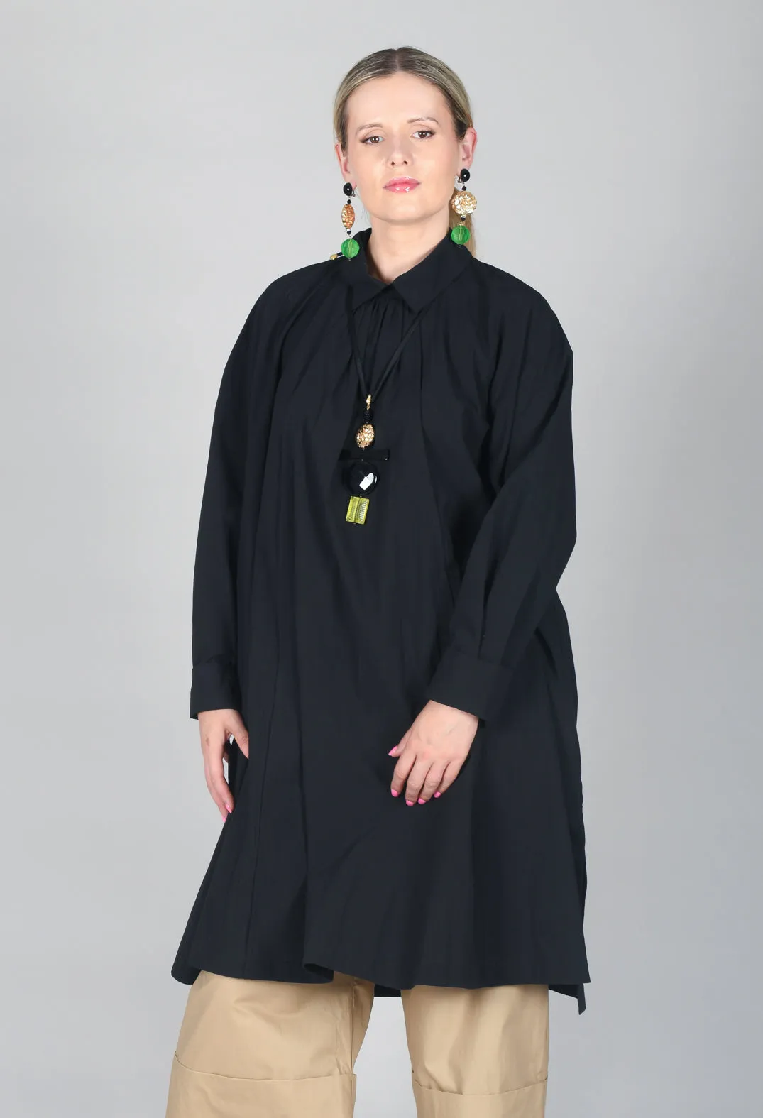 Pleated Neckline Shirt Dress in Black