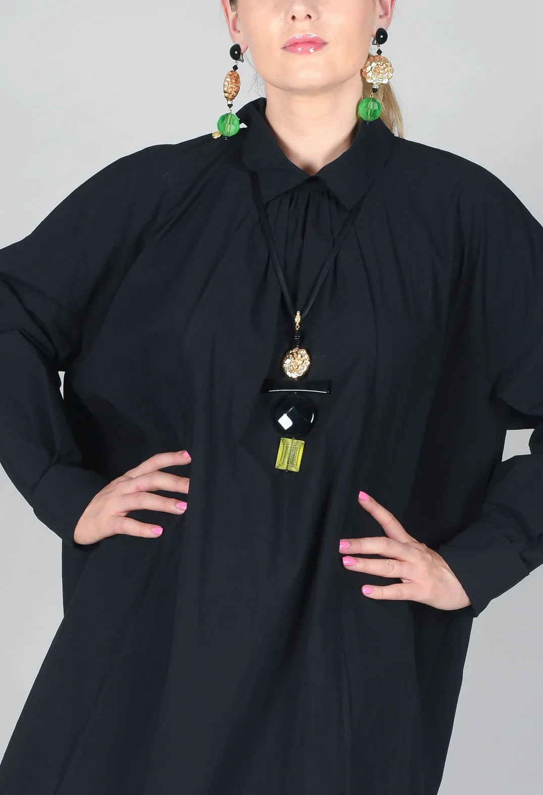 Pleated Neckline Shirt Dress in Black