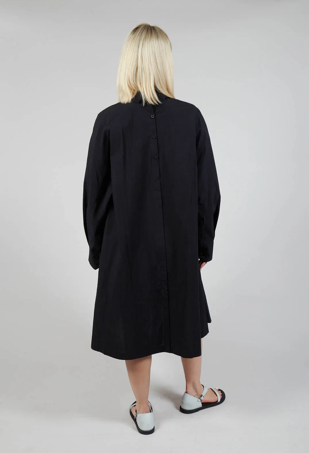 Pleated Neckline Shirt Dress in Black