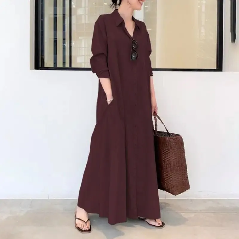 Plus Siz Cotton Linen Pocket Long Dress Women B-66310