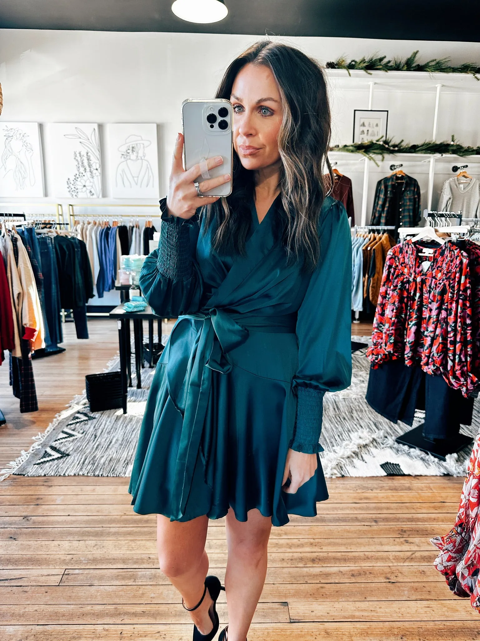 Satin Teal Wrap Dress